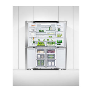 Fisher & Paykel 538L Quad Door Fridge Stainless Steel RF605QDVX2, Front view with doors open, full of food items, and bottles