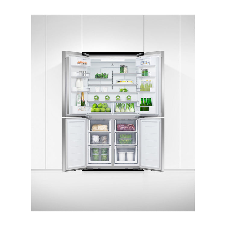 Fisher & Paykel 538L Quad Door Fridge Stainless Steel RF605QDVX2, Front view with doors open, full of food items, and bottles