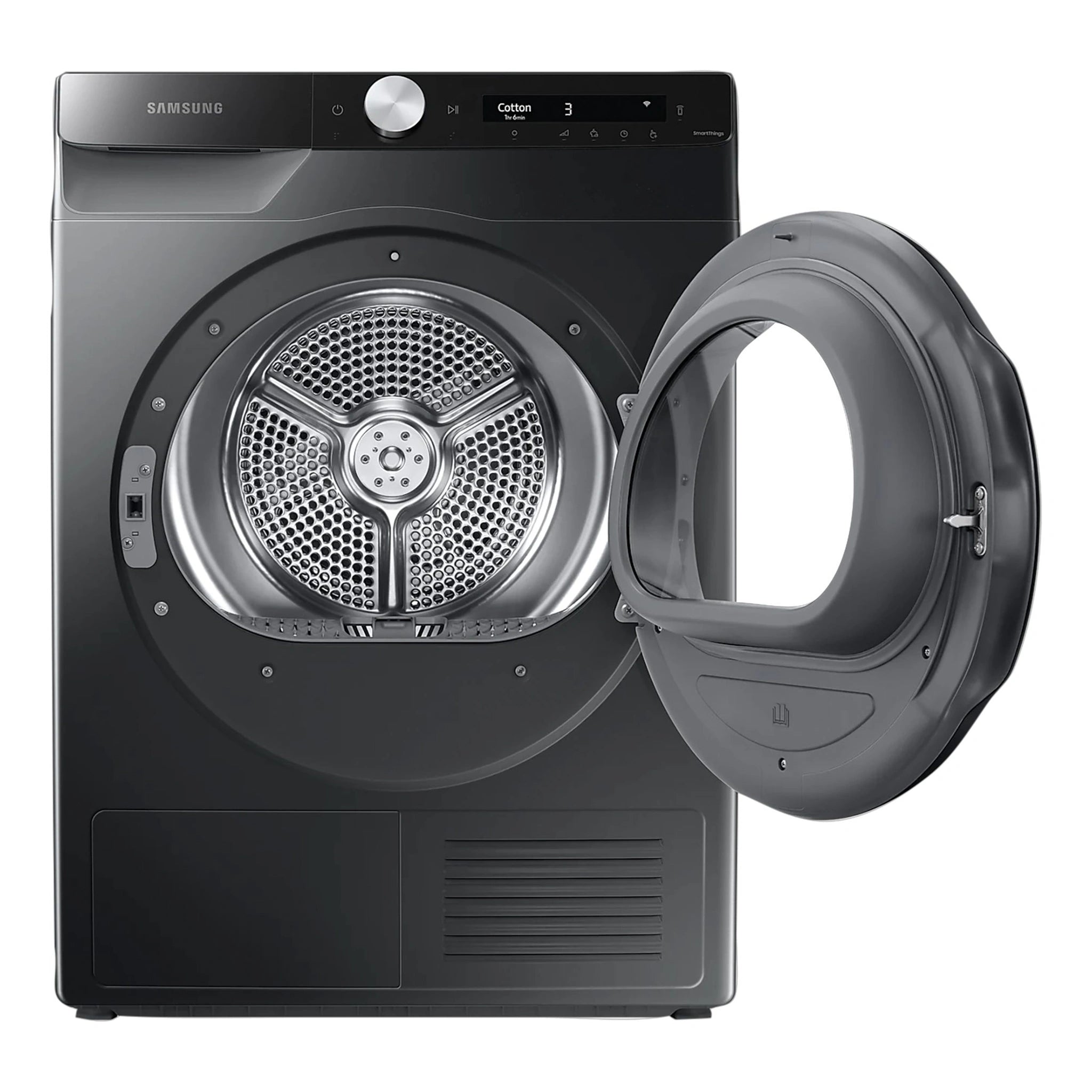 Samsung 8kg Heat Pump Smart Dryer with Intelligent AI Dry DV80T5420AB, Front View With Door Open Left