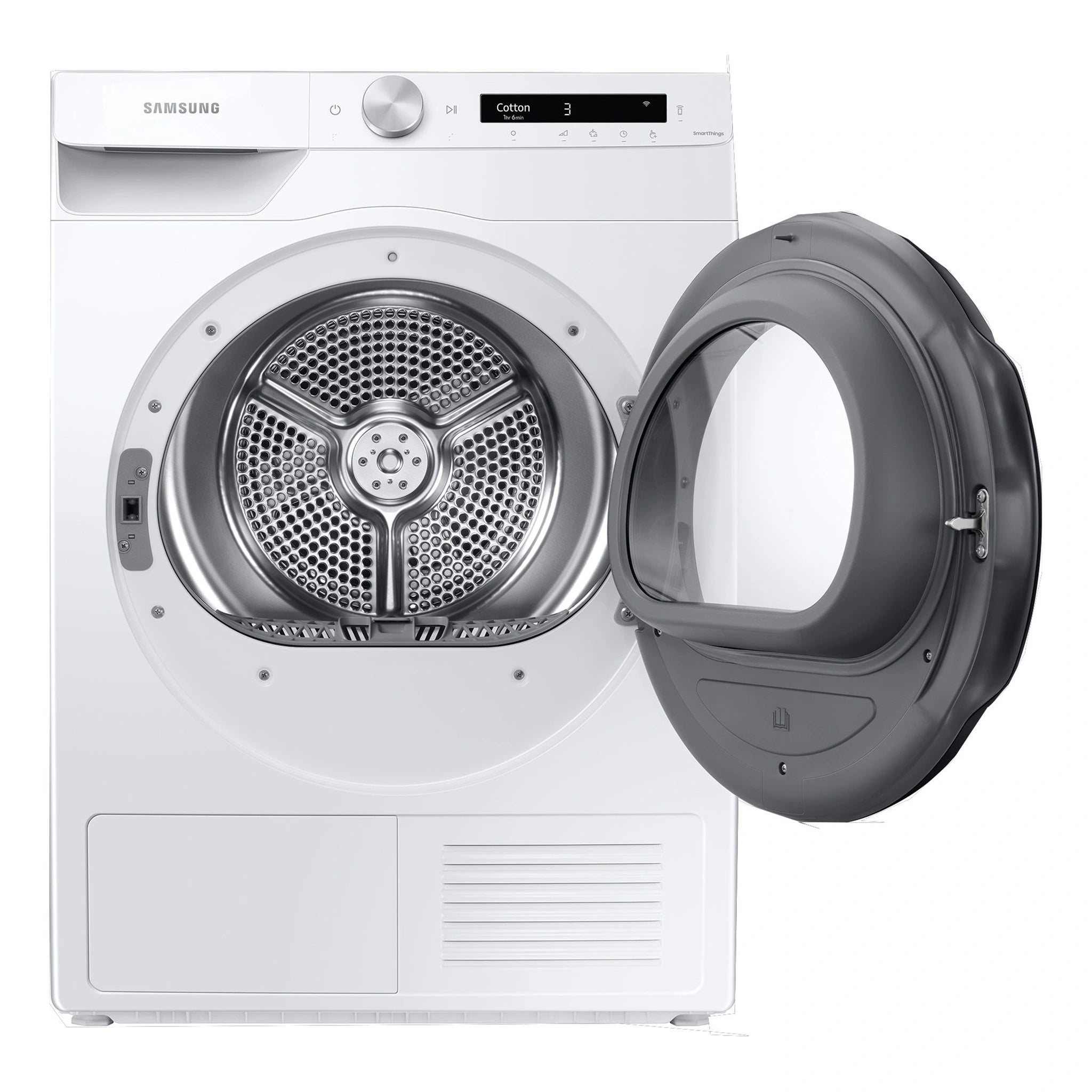 Samsung 8kg Heat Pump Smart Dryer with Intelligent AI Dry DV80T5420AW, Front View With Door Open Left