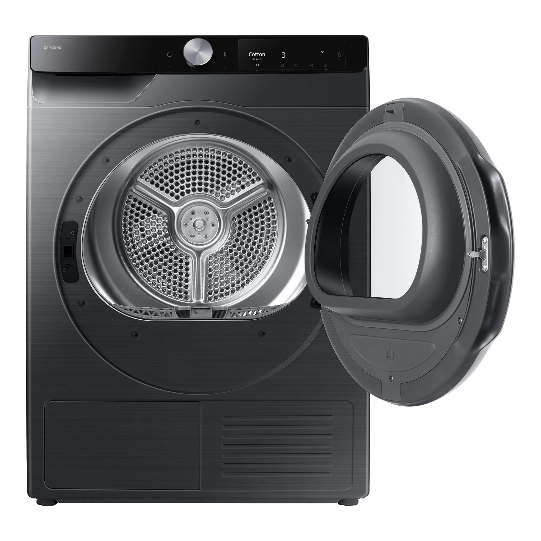 Samsung 9kg Smart Heat Pump Dryer DV90T6440LB, Front View With Door Open Left