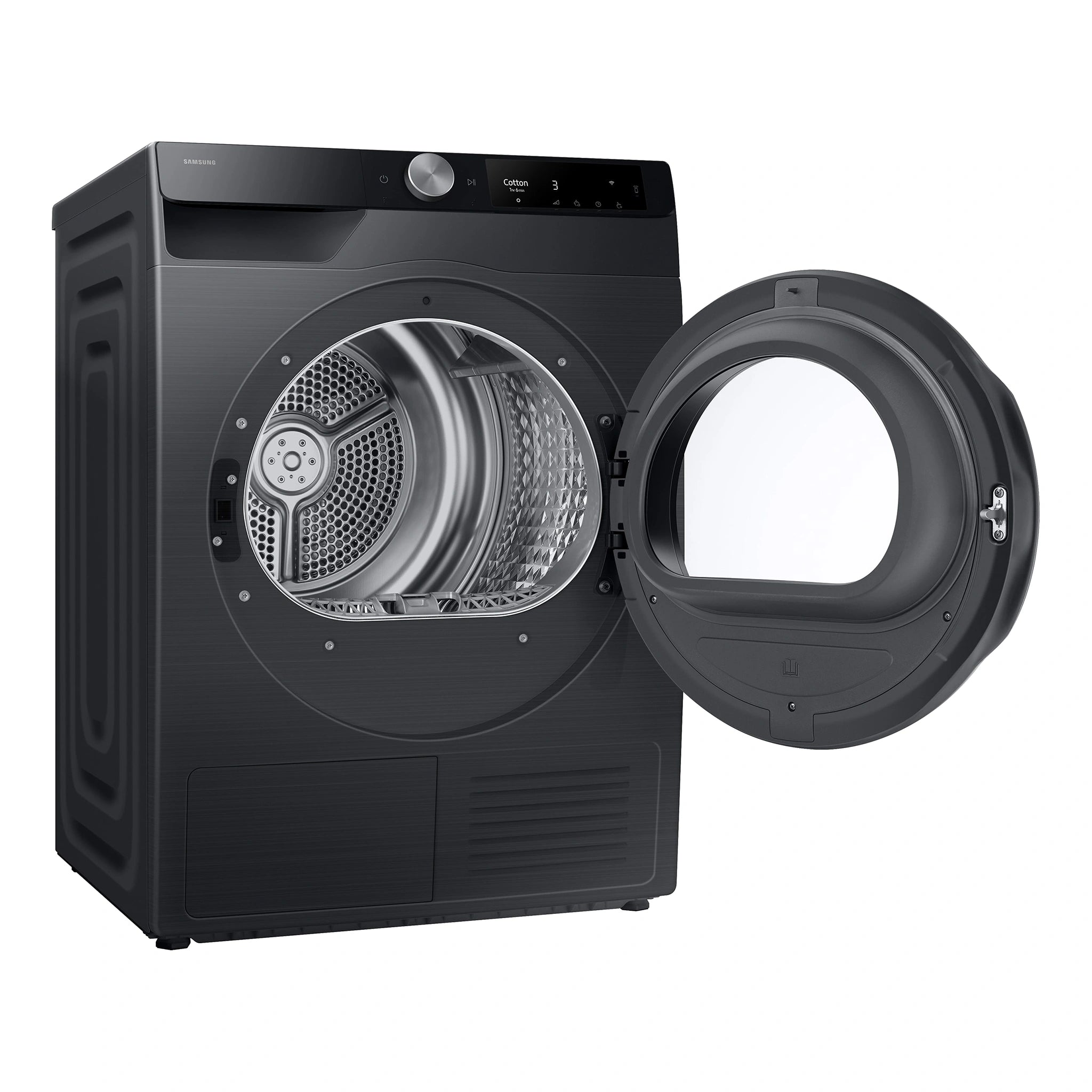 Samsung 9kg Smart Heat Pump Dryer DV90T6440LB, Left Side View With Door Open