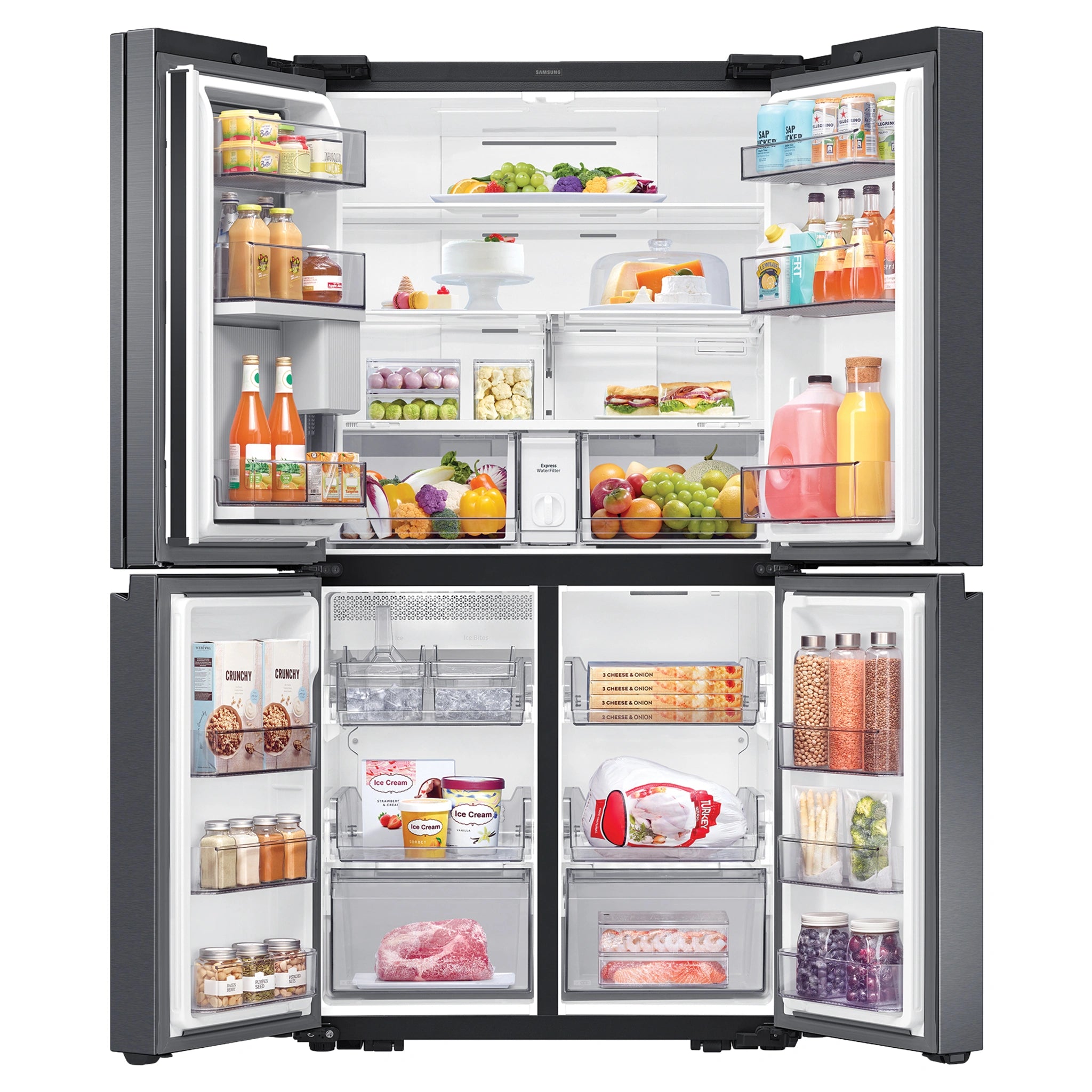 Samsung 648L French Door Refrigerator with Internal Beverage Centre SRF7500BB, Front Double Door Open View Storages