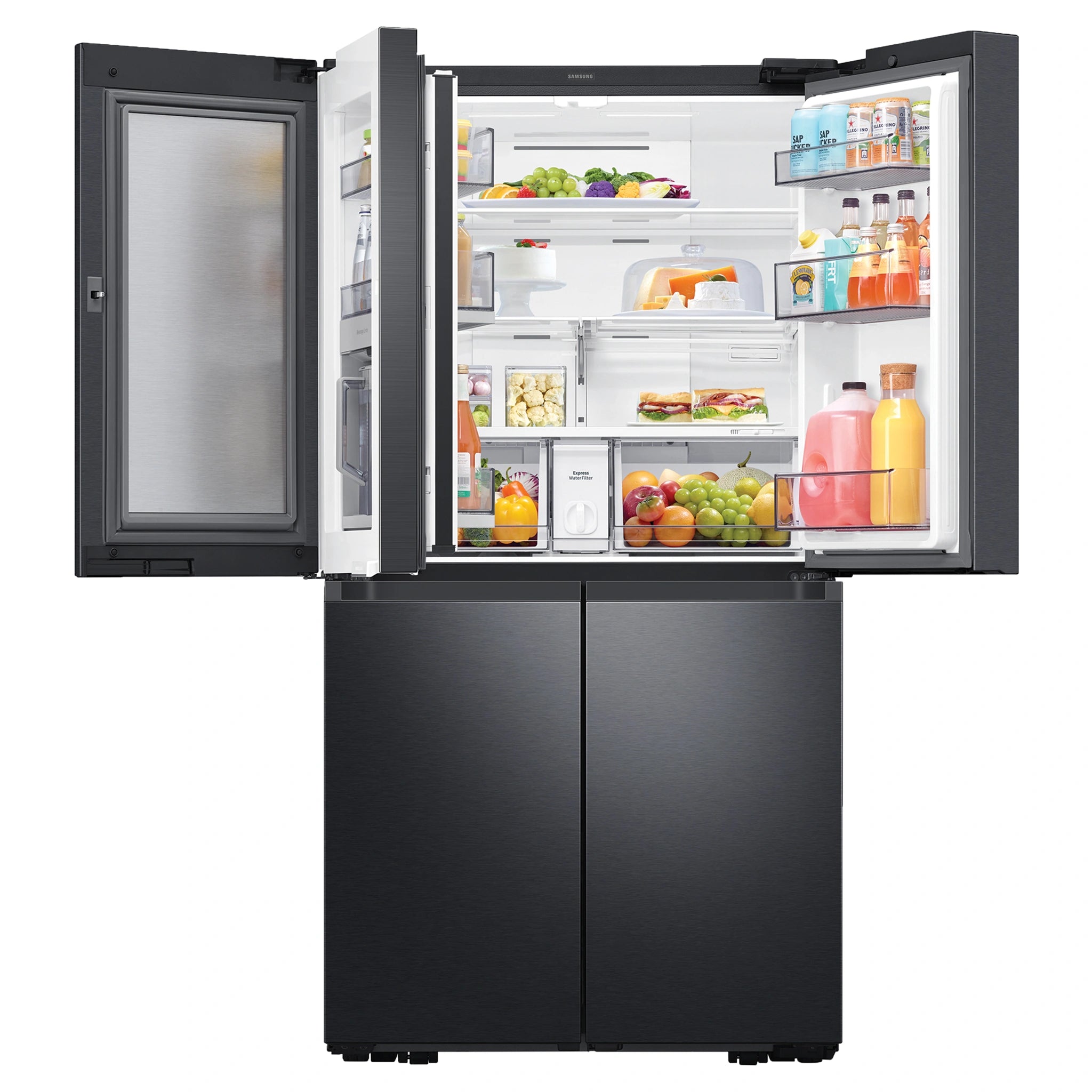Samsung 648L French Door Refrigerator with Internal Beverage Centre SRF7500BB, Front Top Double Door Open View Storages