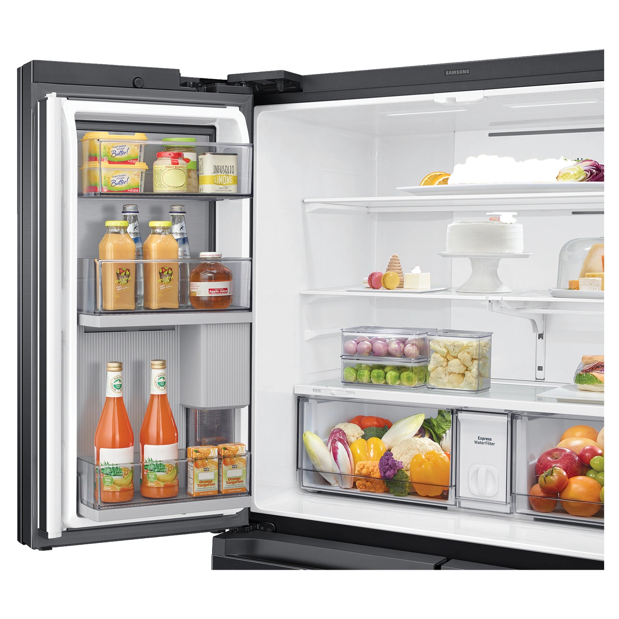 Samsung 648L French Door Refrigerator with Internal Beverage Centre SRF7500BB, Front Top Left Door Open View Storages