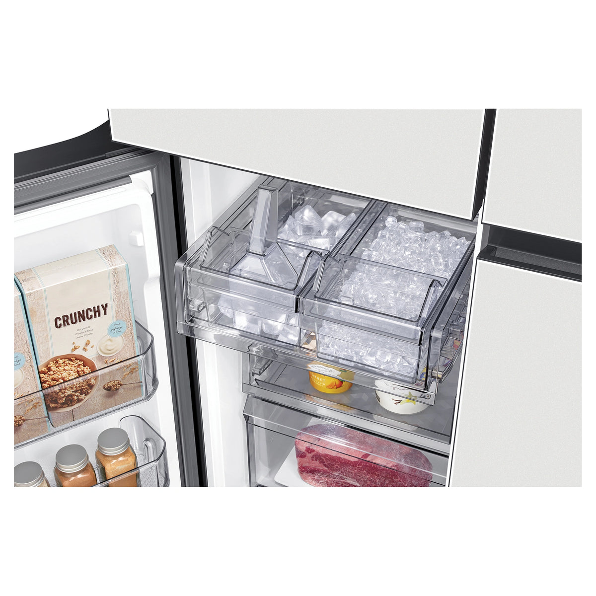 Samsung 648L Cotta White French Door Refrigerator with Internal Beverage Centre™SRFX7600W, Ice Maker Close-Up View