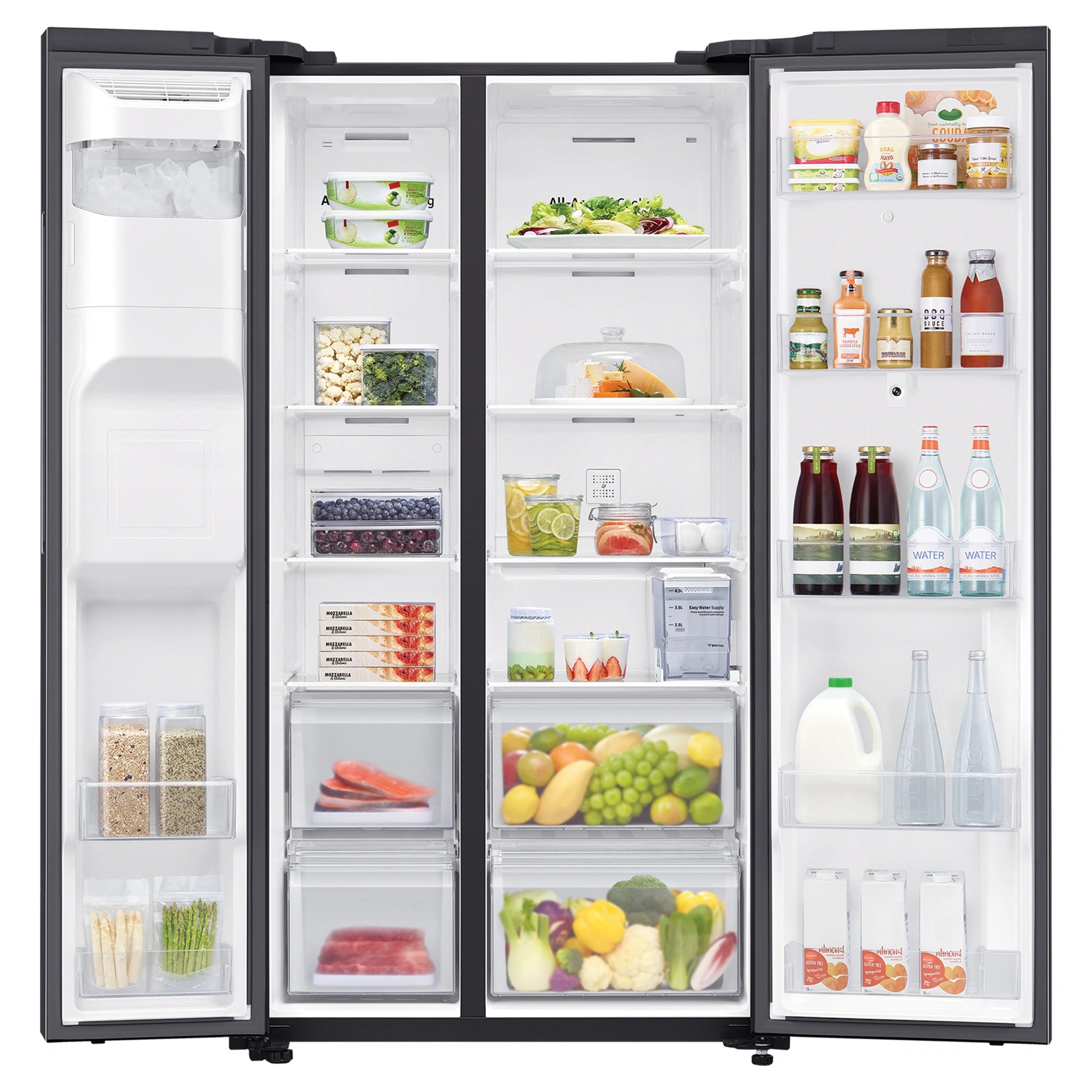 Samsung 656L Black Side by Side Smart Refrigerator - Family Hub SRS656MBFH4, Front Double Door Open View Storages