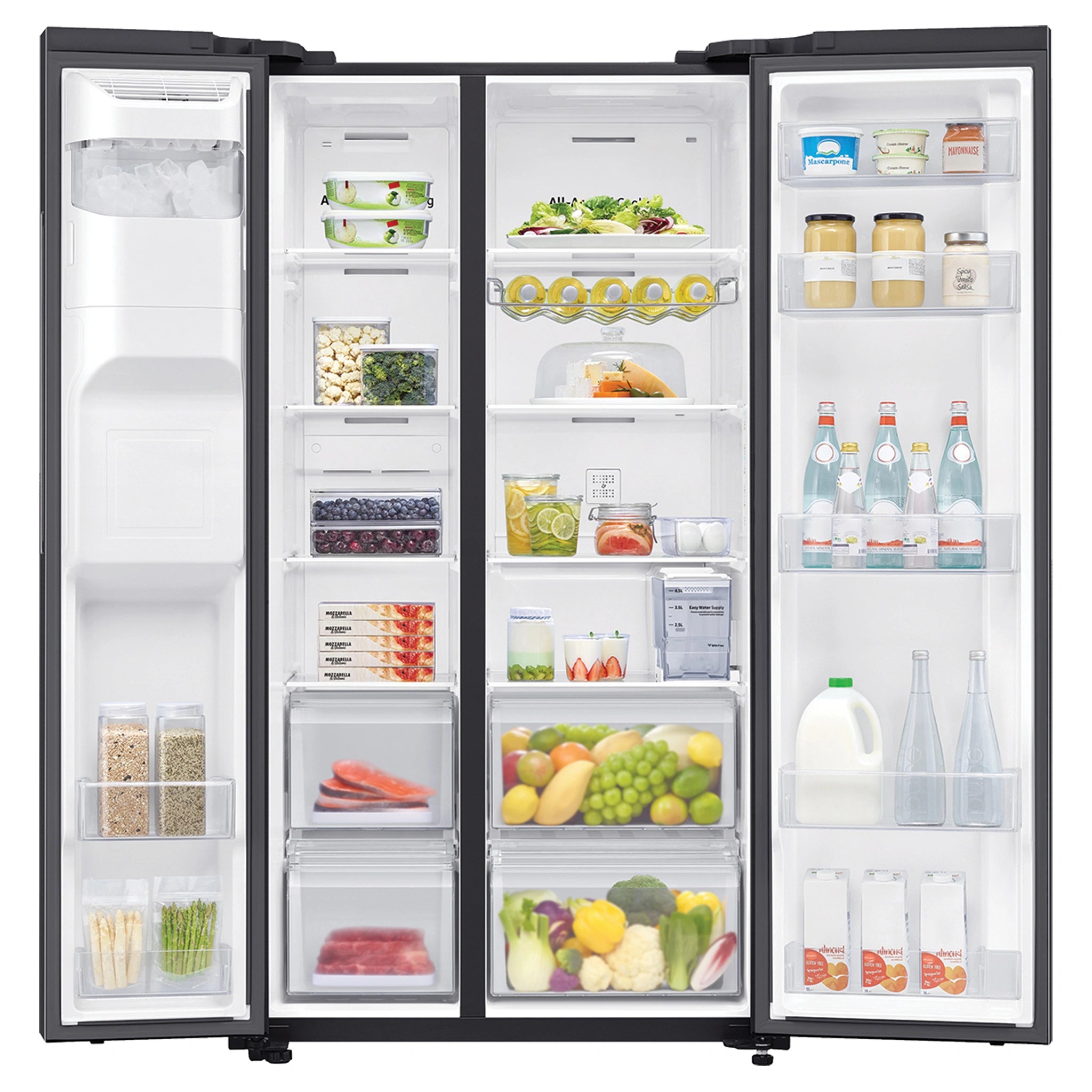 Samsung 635L Matte Black Side By Side Refrigerator SRS673DMB, Front Double Door Open View Storages