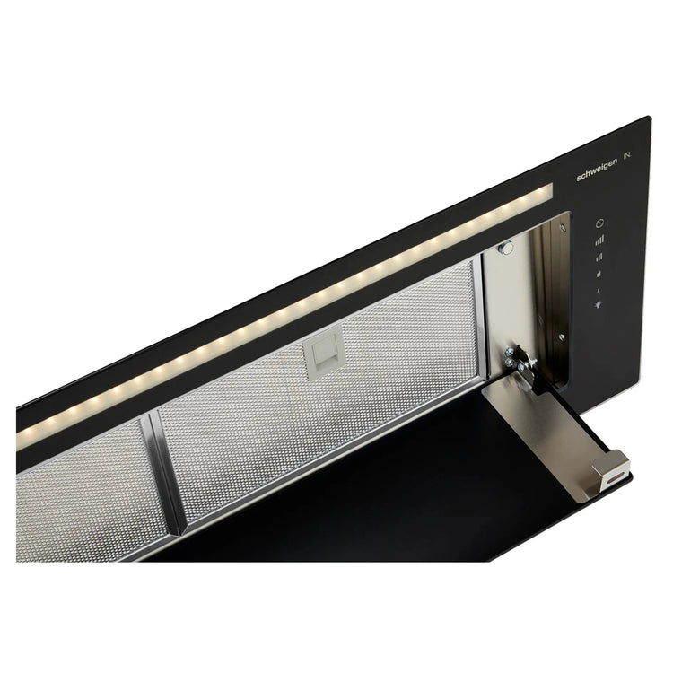 Schweigen Silent Black Glass Undermount Rangehood 900mm KLS9GLASSBLKSP, Left Side Door Open Close-Up View