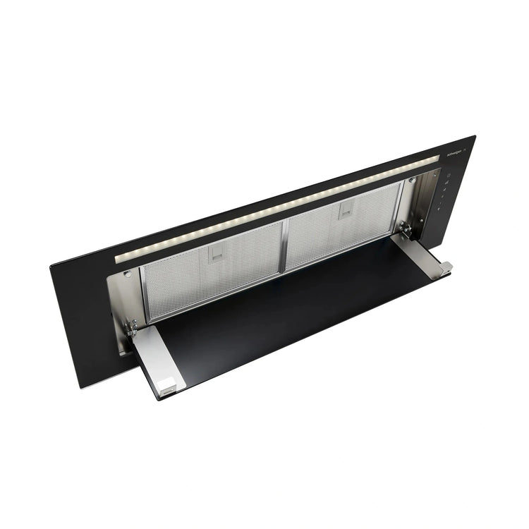 Schweigen Silent Black Glass Undermount Rangehood 900mm KLS9GLASSBLKSP, Left Side Door Open View