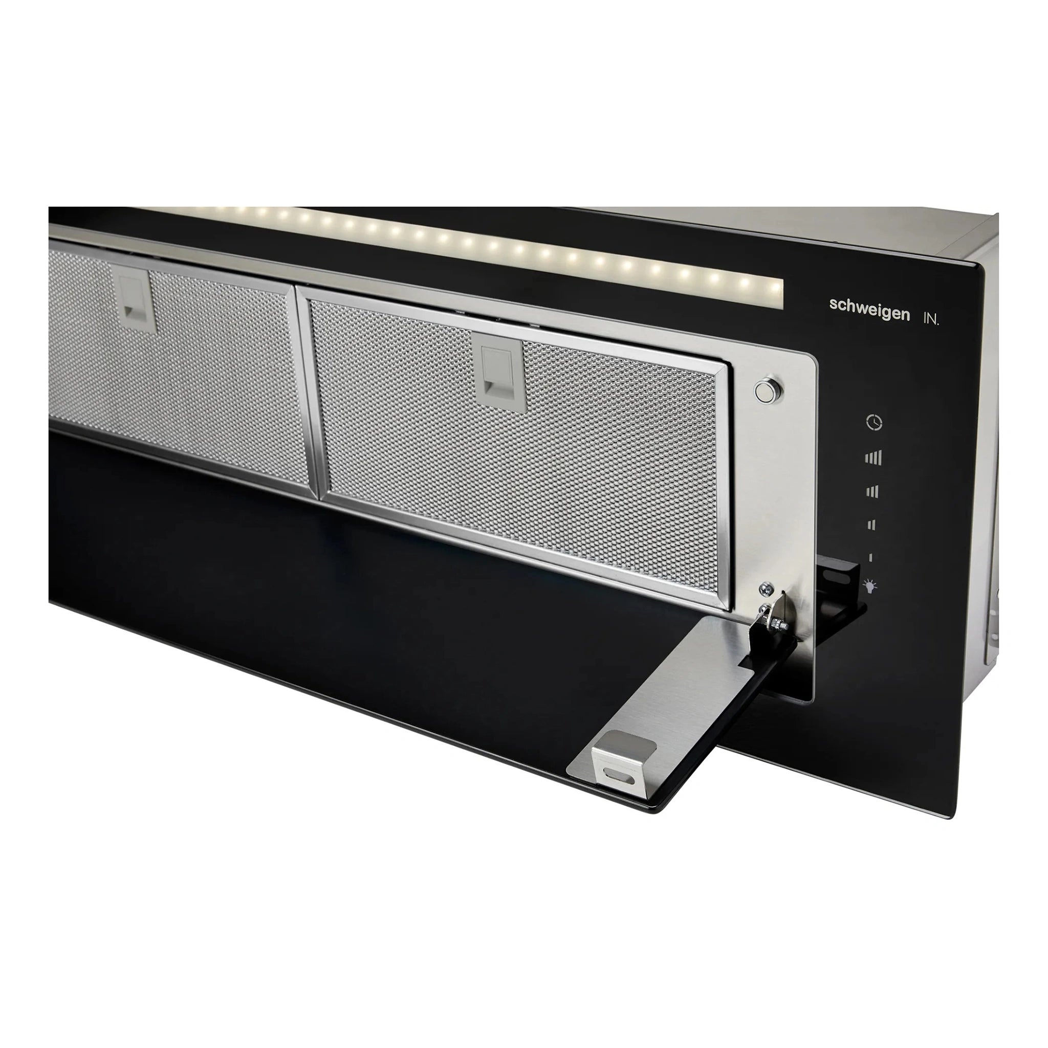 Schweigen Silent Black Glass Undermount Rangehood 900mm KLS9GLASSBLKSP, Right Side Door Open View