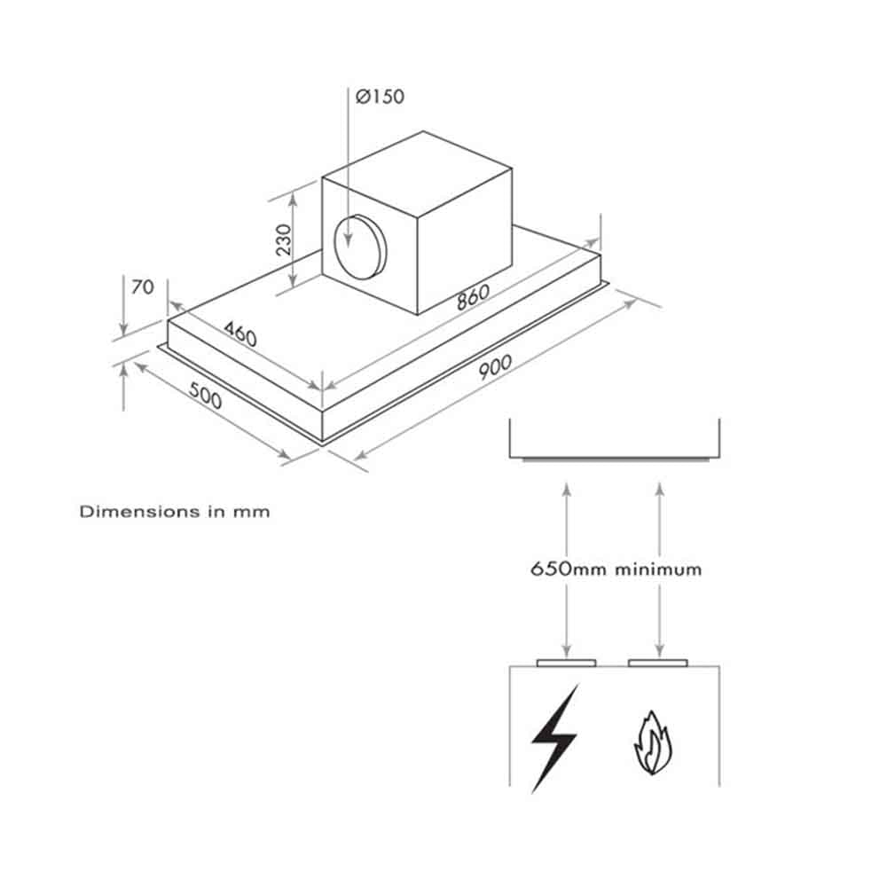 Smeg SHR900X 90cm Undermount Rangehood, Dimensions