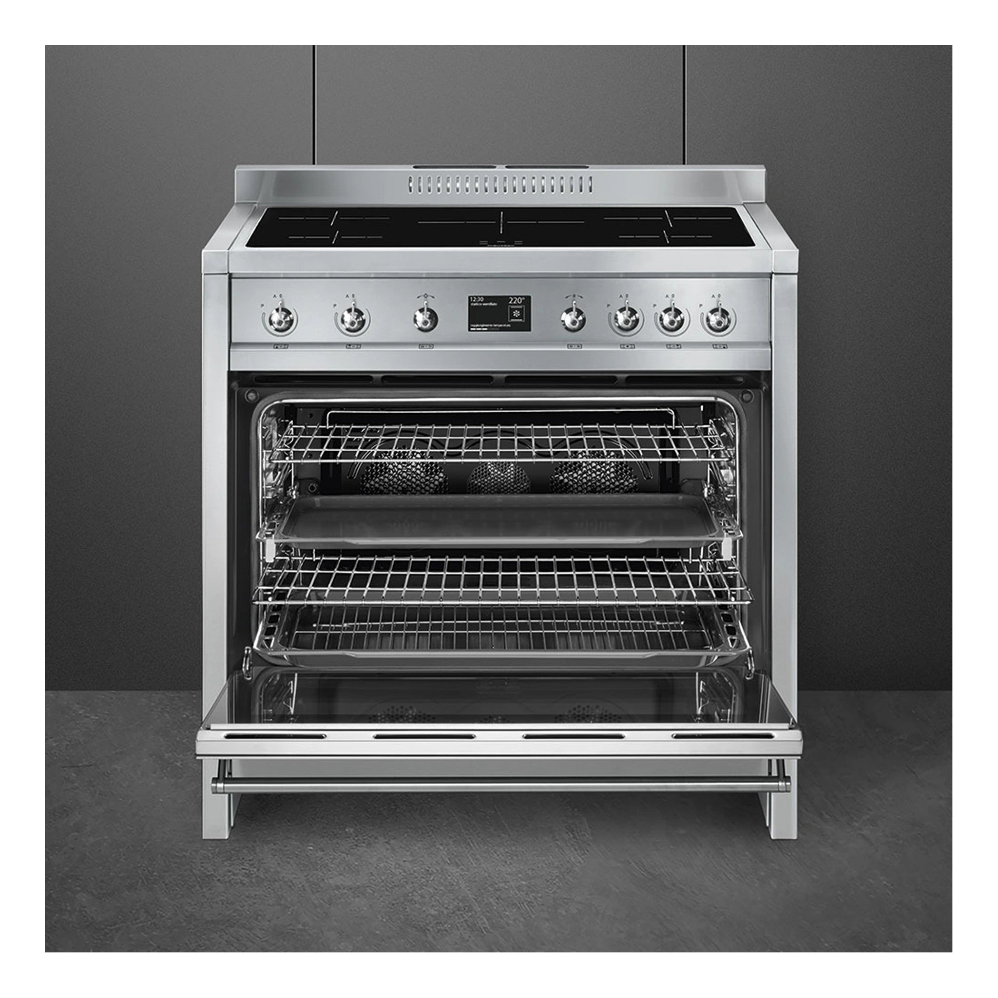 Smeg 90 x 60cm Compact Cooker with Electric Oven & Induction Hob A1PYID9, Front View With Door Open