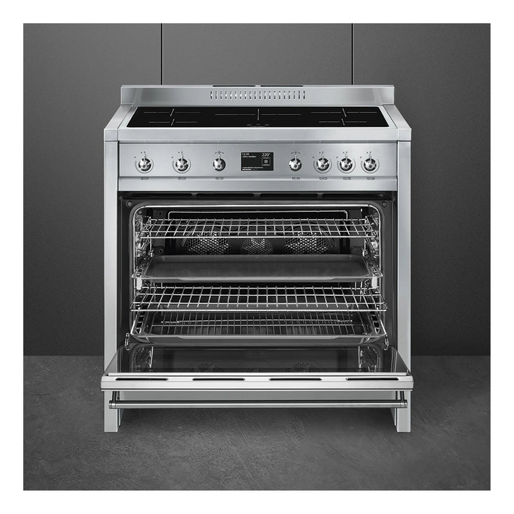 Smeg 90 x 60cm Compact Cooker with Electric Oven & Induction Hob A1PYID9, Front View With Door Open
