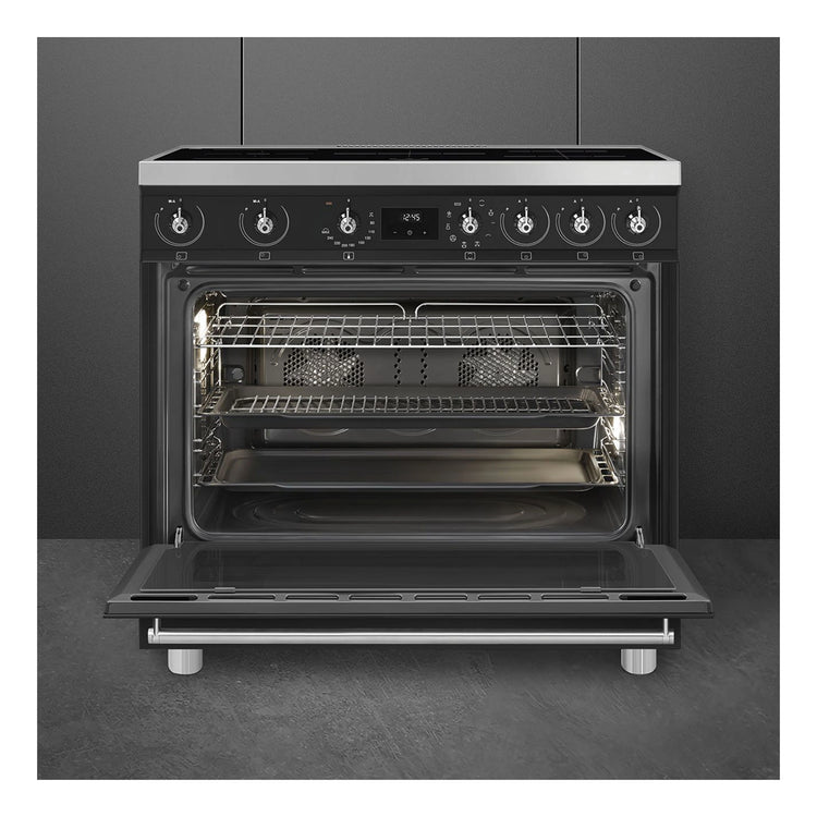 Smeg 90cm Induction Freestanding Oven Cooker C9IMMB2, Front View With Door Open