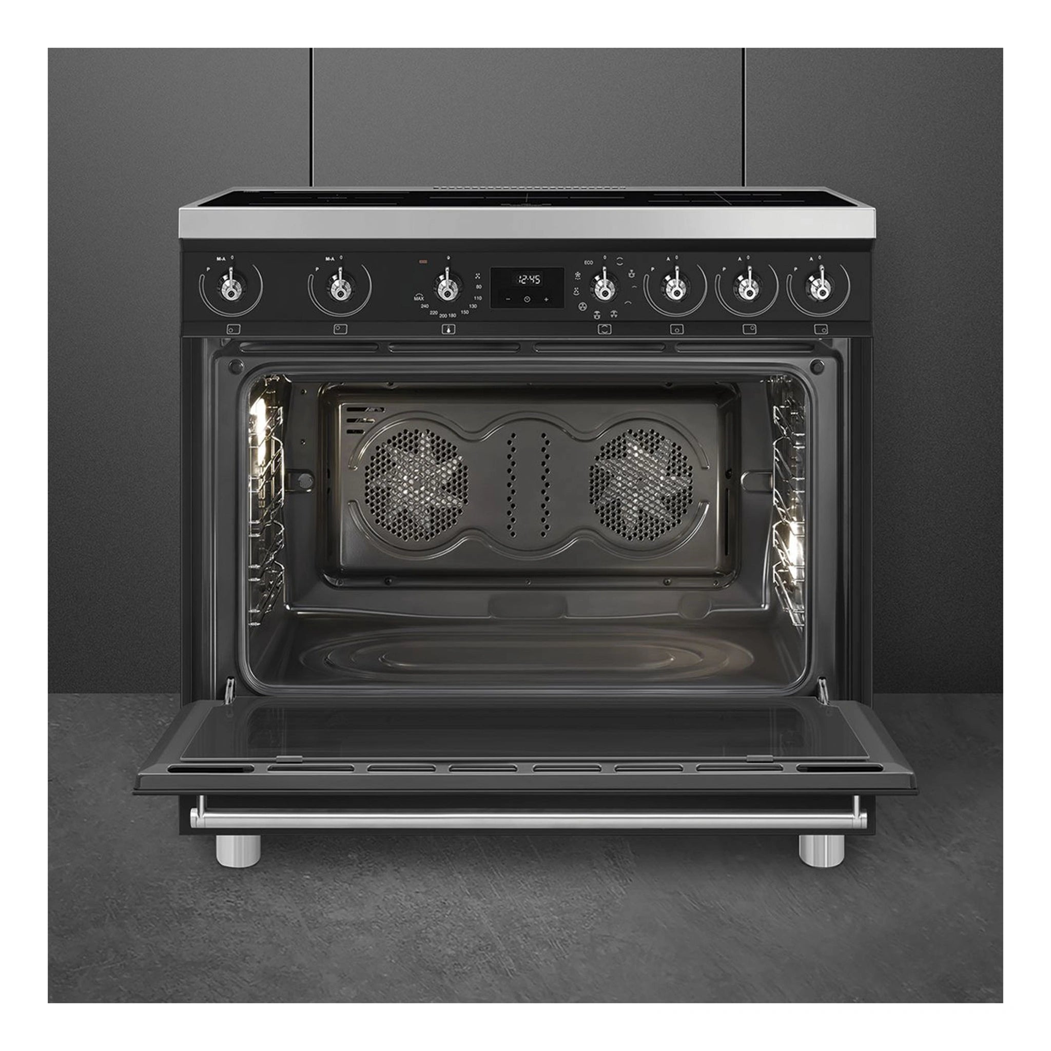 Smeg 90cm Induction Freestanding Oven Cooker C9IMMB2, Front View With Door Open 2