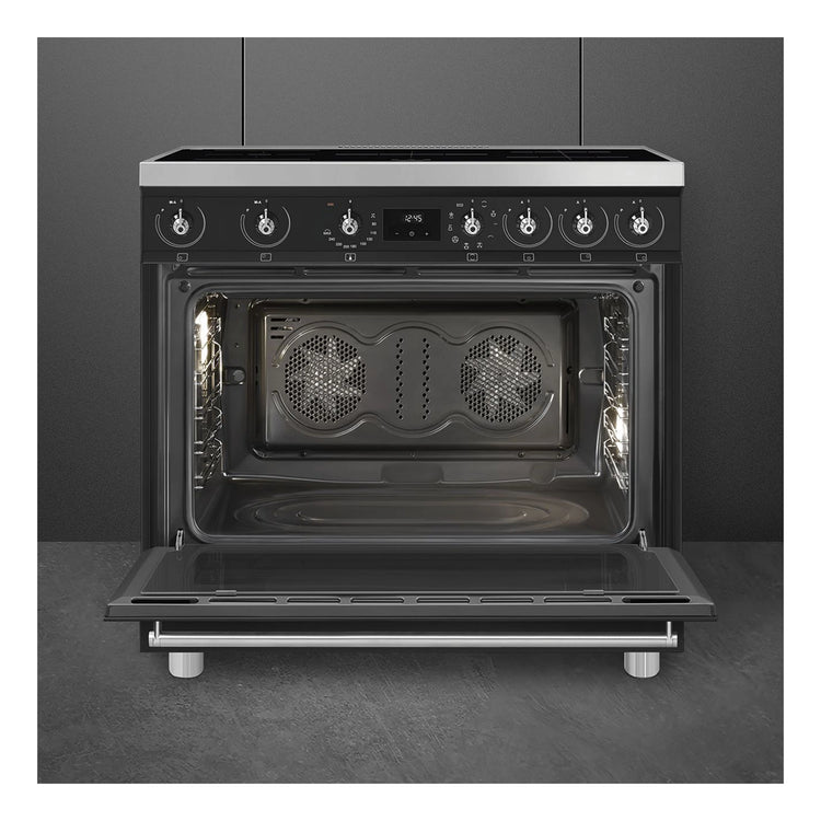 Smeg 90cm Induction Freestanding Oven Cooker C9IMMB2, Front View With Door Open 2