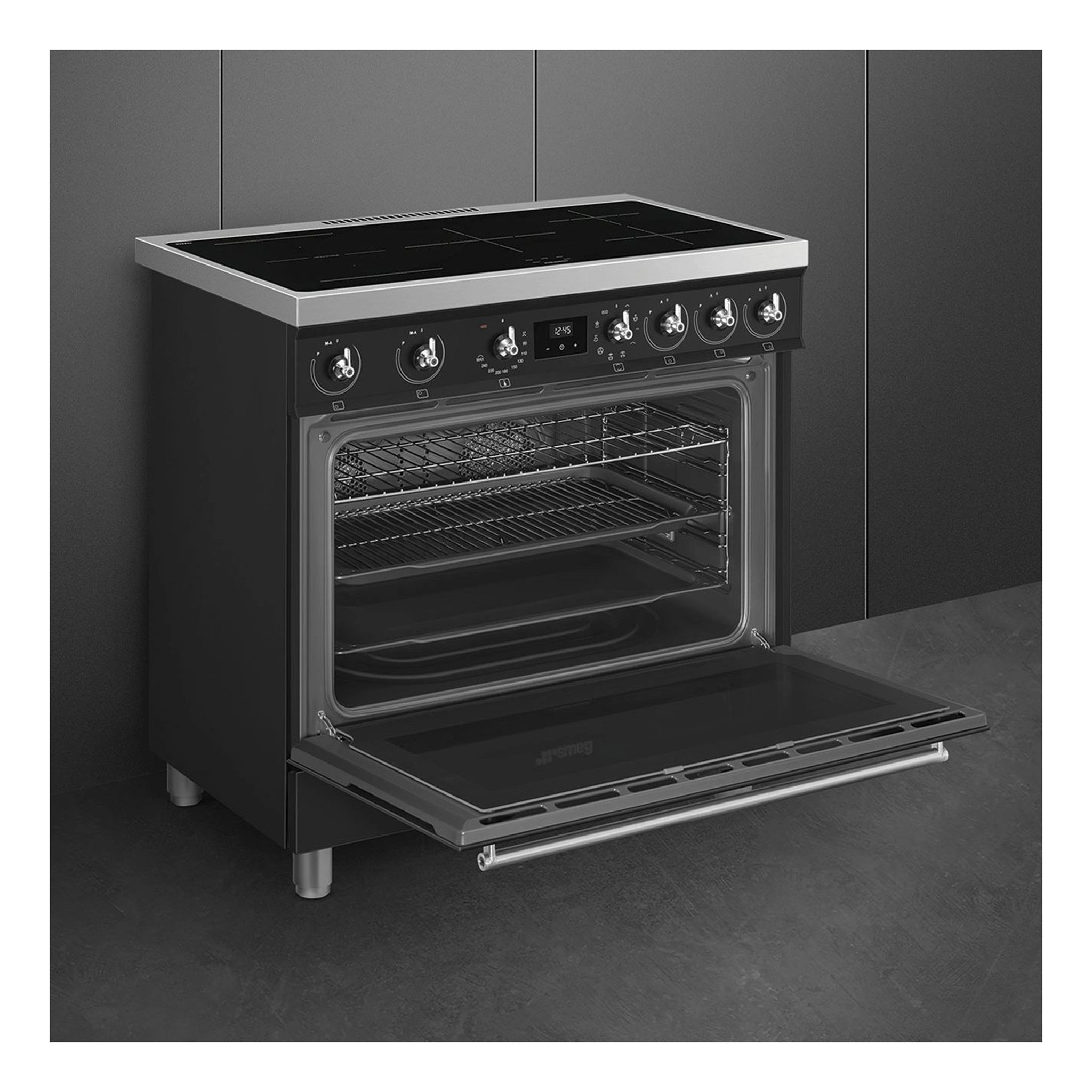 Smeg 90cm Induction Freestanding Oven Cooker C9IMMB2, Left Side View With Door Open