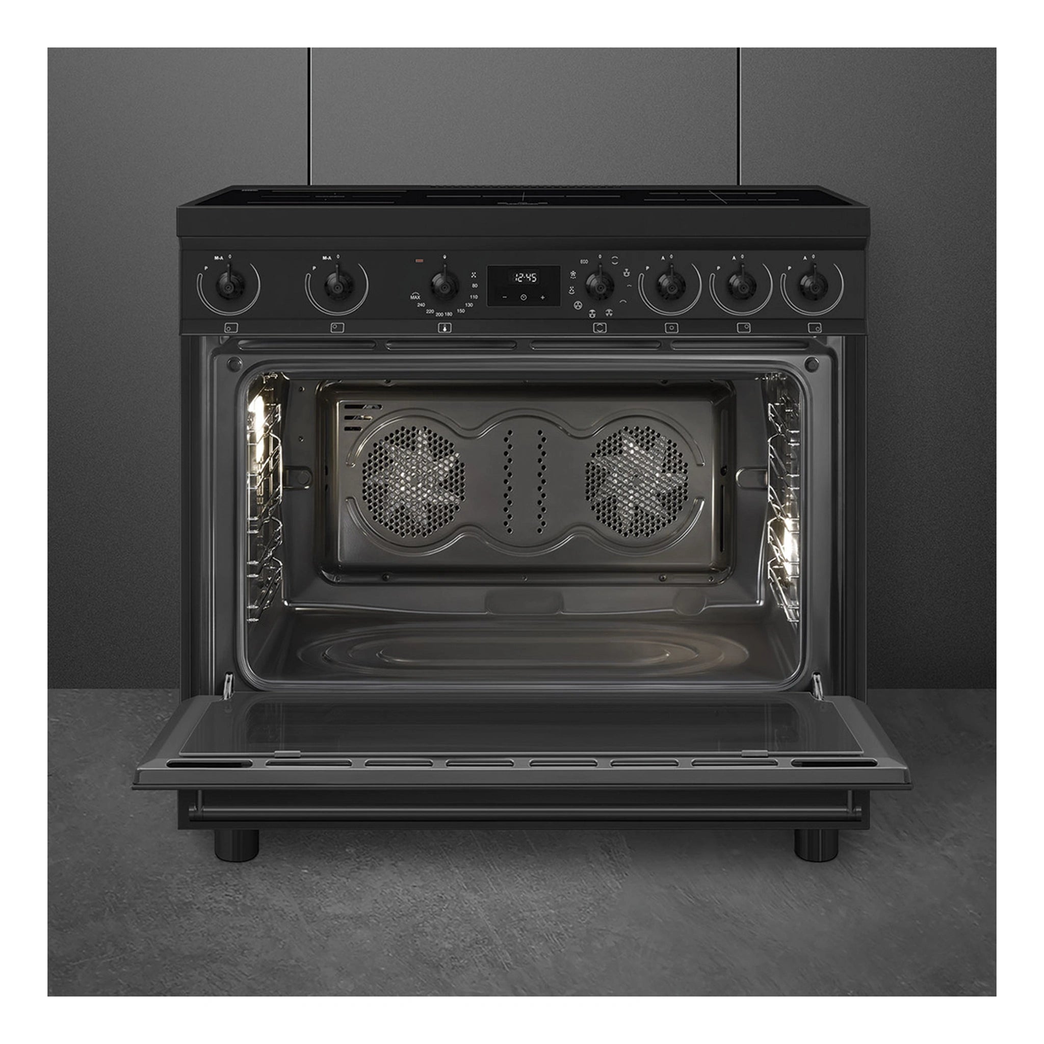 Smeg 90cm Freestanding Induction Hob Cooker C9IMN2, Front View With Door Open 2