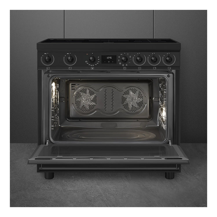 Smeg 90cm Freestanding Induction Hob Cooker C9IMN2, Front View With Door Open 2