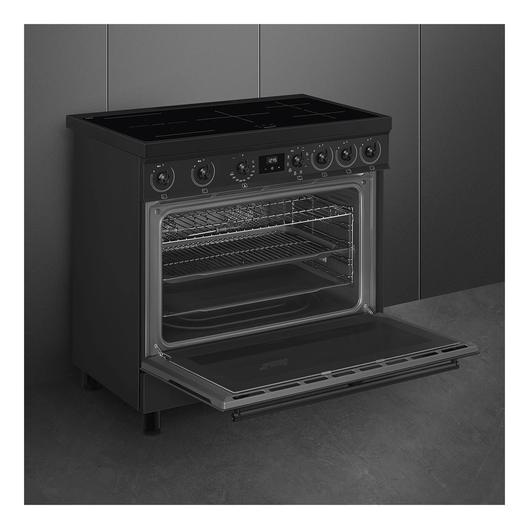 Smeg 90cm Freestanding Induction Hob Cooker C9IMN2, Left Side View With Door Open