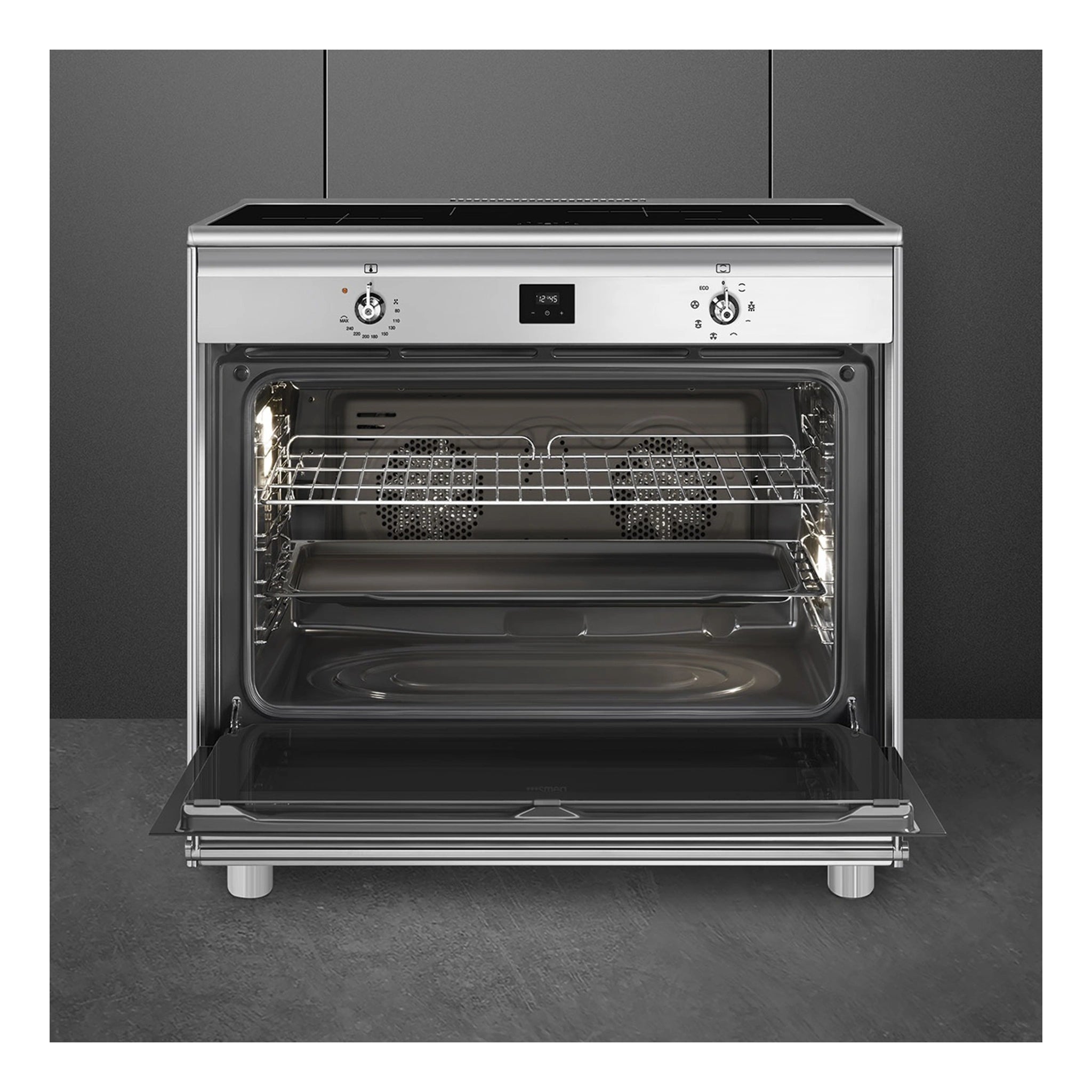 Smeg 90cm Cooker with Induction Hob CG90CIXT, Front View With Door Open