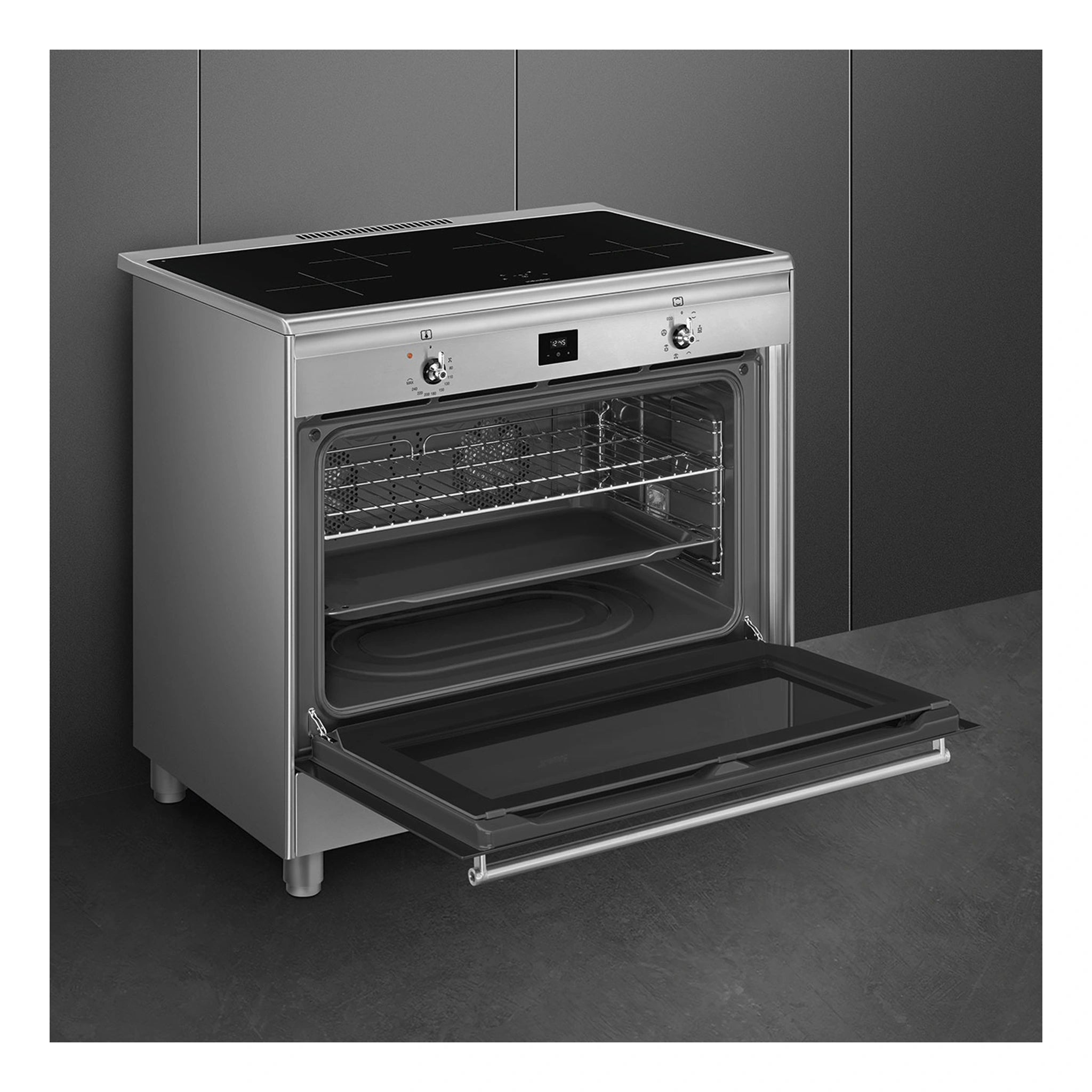 Smeg 90cm Cooker with Induction Hob CG90CIXT, Left Side View With Door Open