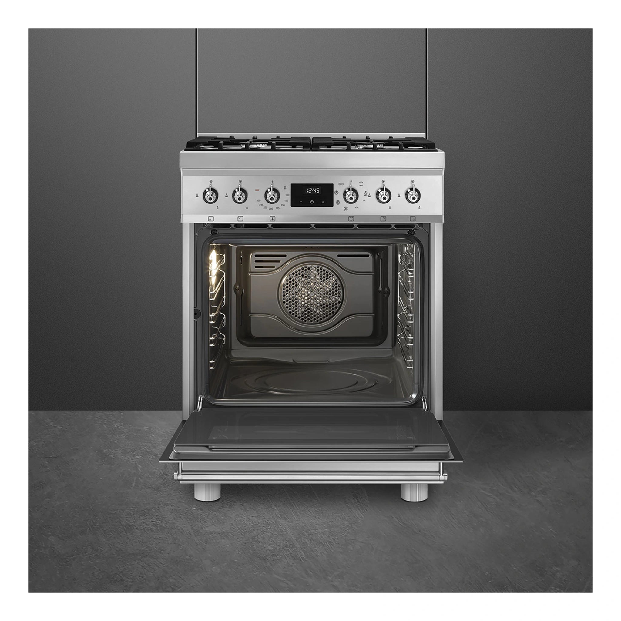 Smeg 60cm Gas Freestanding Cooker with Vapour Clean CS6GMXA2, Front View With Door Open 2