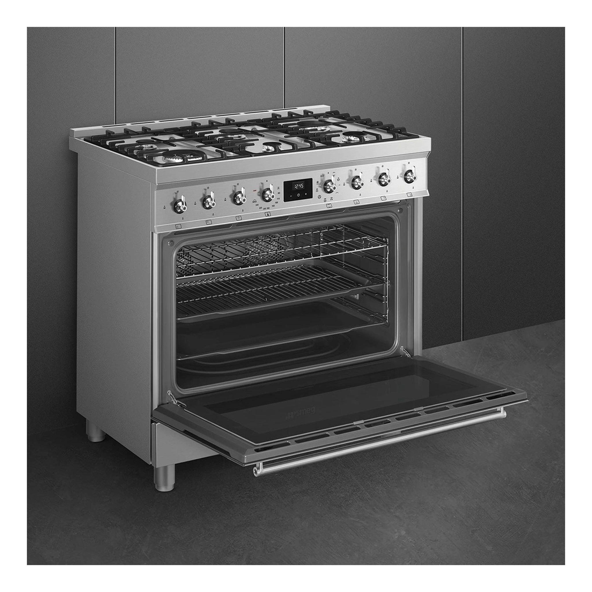 Smeg 90cm Freestanding Dual Fuel Cooker CS9GMXA2, Front Left Side View With Door Open