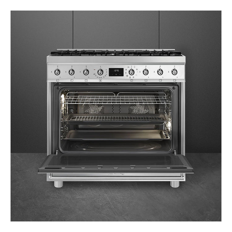 Smeg 90cm Freestanding Dual Fuel Cooker CS9GMXA2, Front View With Door Open