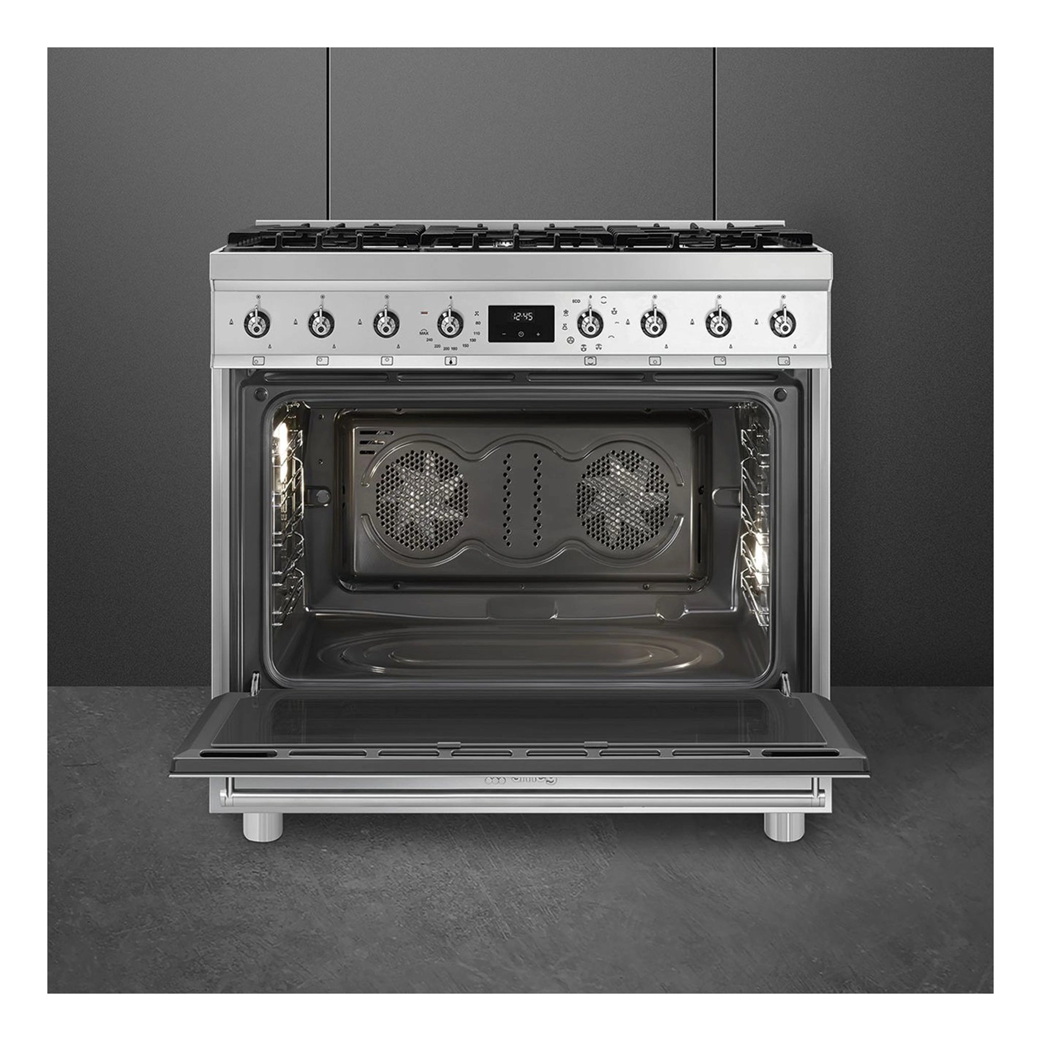 Smeg 90cm Freestanding Dual Fuel Cooker CS9GMXA2, Front View With Door Open 2