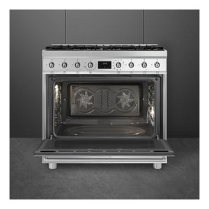 Smeg 90cm Freestanding Dual Fuel Cooker CS9GMXA2, Front View With Door Open 2