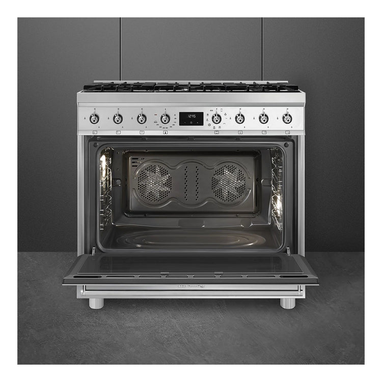 Smeg 90cm Freestanding Dual Fuel Cooker CS9GMXA2, Front View With Door Open 2