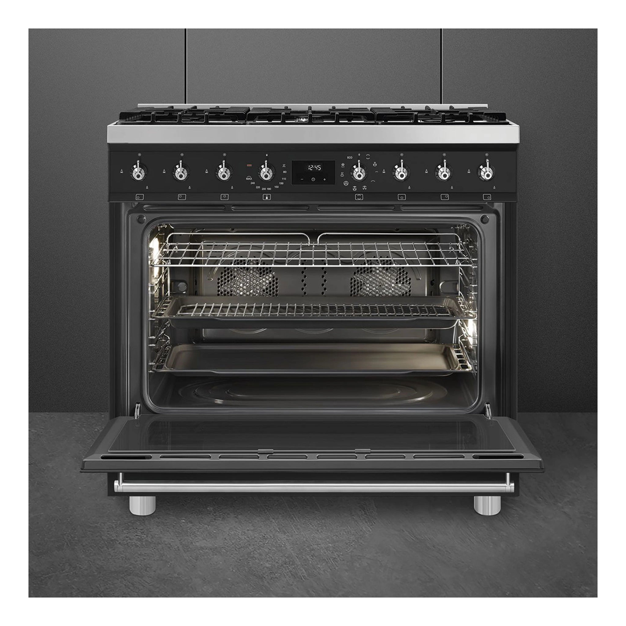 Smeg 90cm Cooker with Gas Freestanding Cooker CSP9GMMBA2, Front View With Door Open