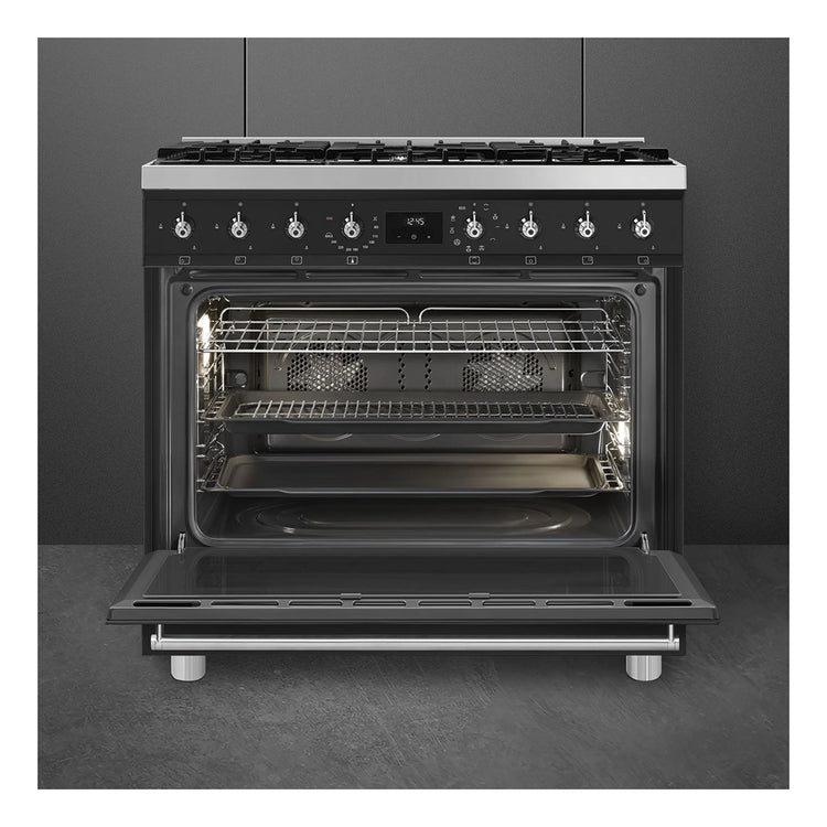 Smeg 90cm Cooker with Gas Freestanding Cooker CSP9GMMBA2, Front View With Door Open