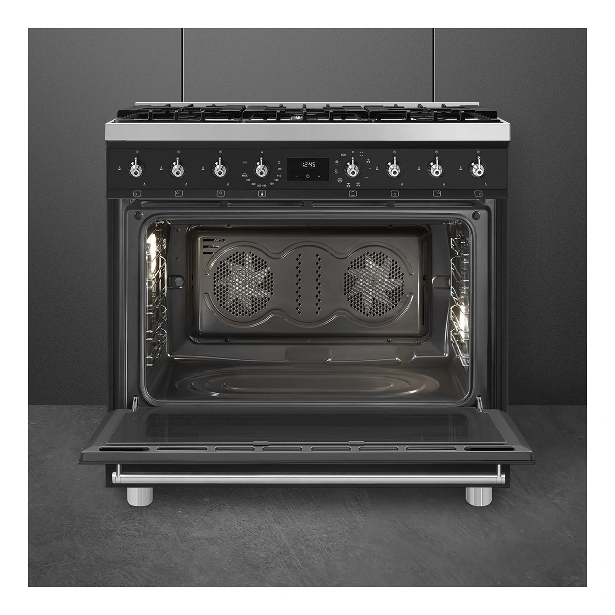 Smeg 90cm Cooker with Gas Freestanding Cooker CSP9GMMBA2, Front View With Door Open 2