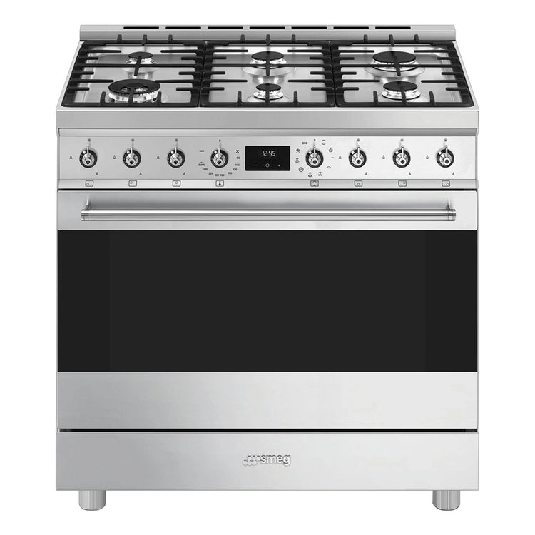 Smeg 90cm Dual Fuel Stainless Steel Pyrolytic Freestanding Oven CSP9GMXA2, Front View