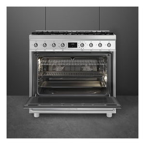 Smeg 90cm Dual Fuel Stainless Steel Pyrolytic Freestanding Oven CSP9GMXA2, Front View With Door Open