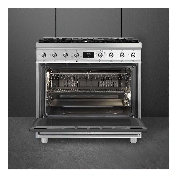 Smeg 90cm Dual Fuel Stainless Steel Pyrolytic Freestanding Oven CSP9GMXA2, Front View With Door Open