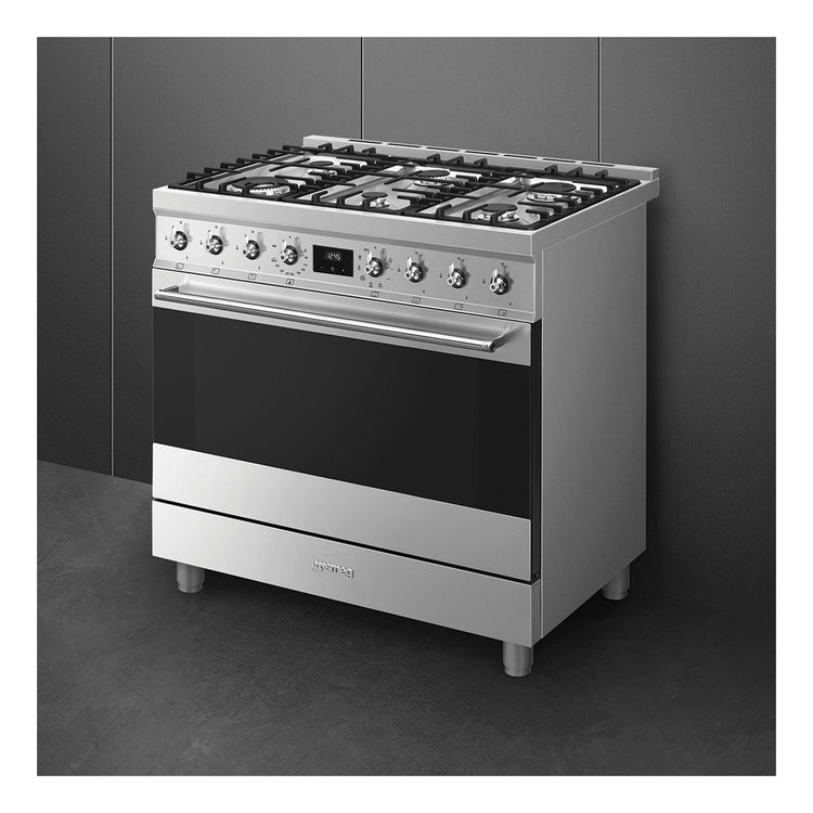 Smeg 90cm Dual Fuel Stainless Steel Pyrolytic Freestanding Oven CSP9GMXA2, Right Side View