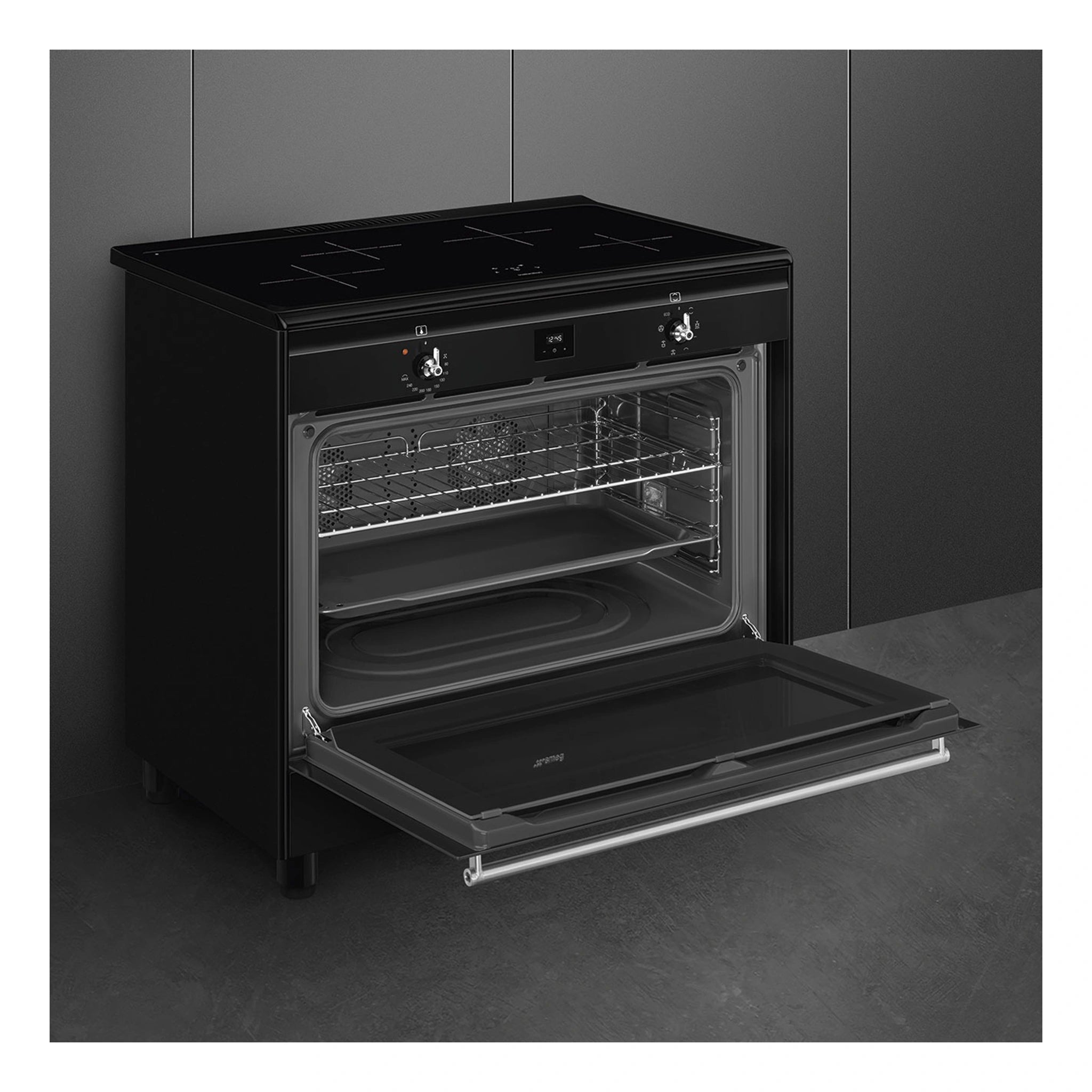 Smeg Cooker with Induction Hob CX91IMBL, Front Left Side View With Door Open