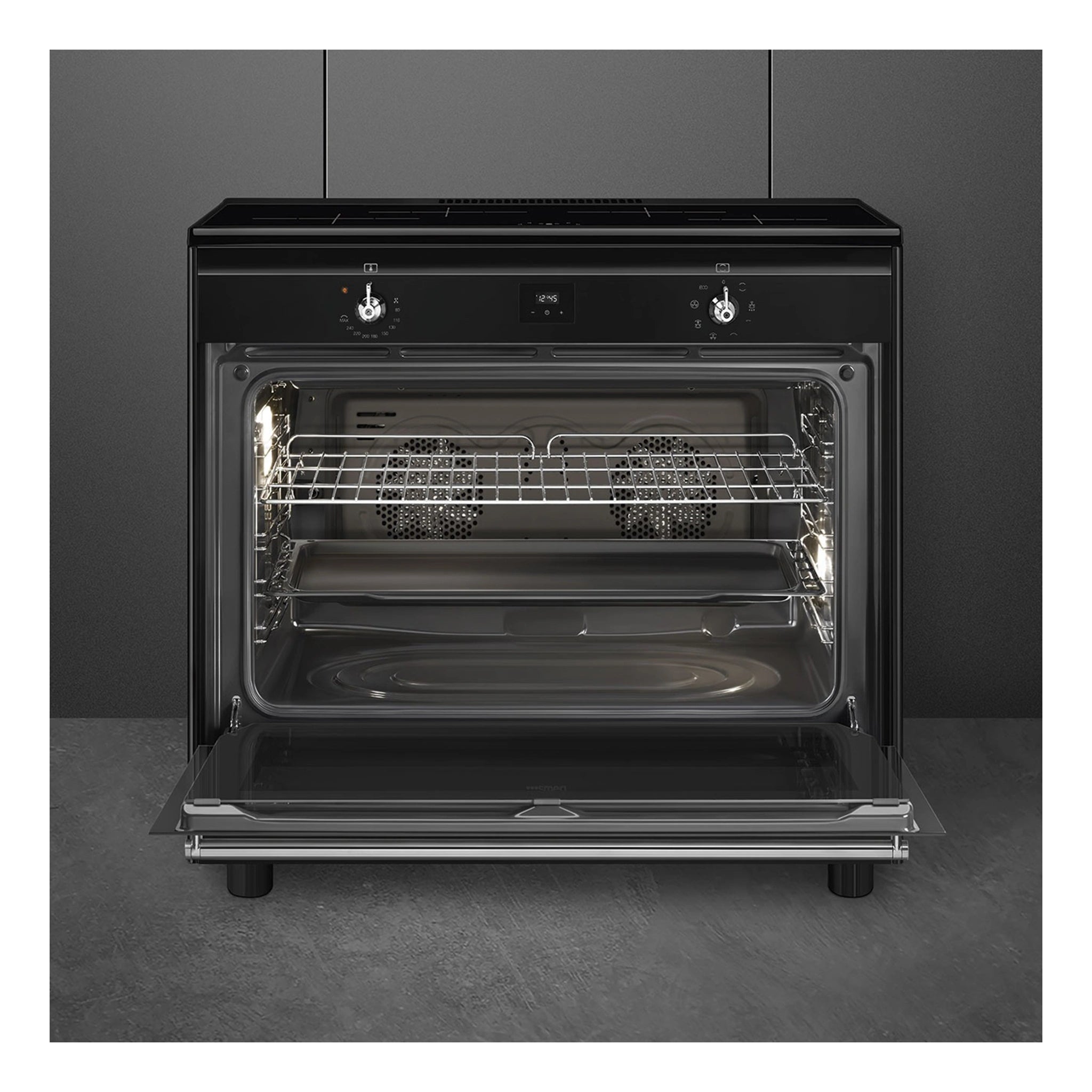Smeg Cooker with Induction Hob CX91IMBL, Front View With Door Open
