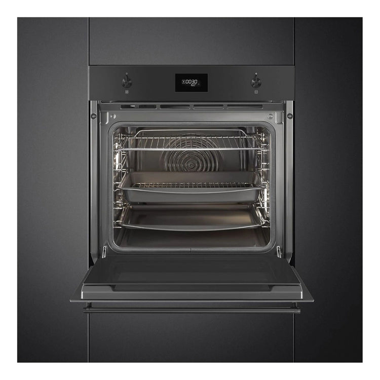 Smeg 60cm Classic Matte Black Pyrolytic Oven SOPA6301TN, Front View With Door Open
