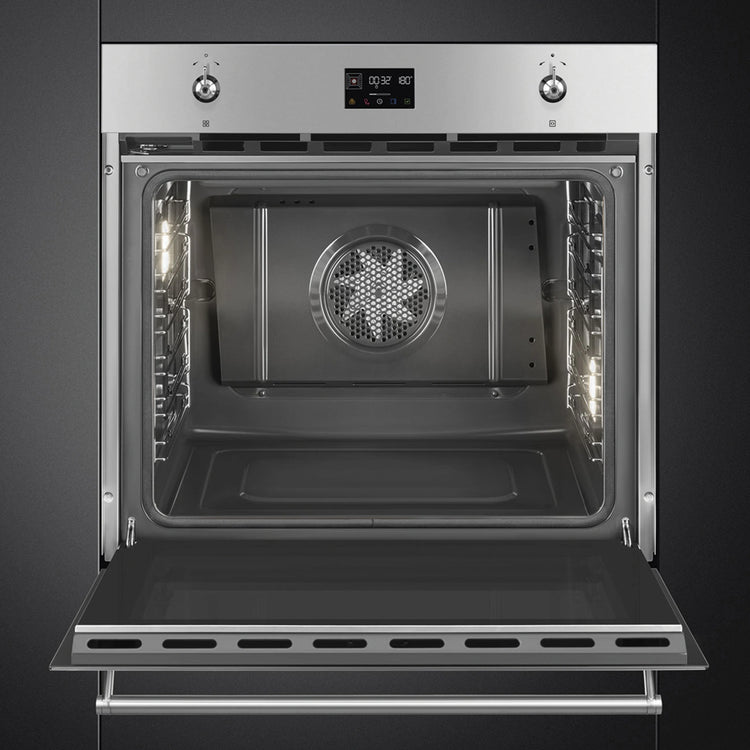 Smeg 76cm Classic Pyrolytic Oven with Single Point Probe SOPA3302TPX, Front View without Shelf