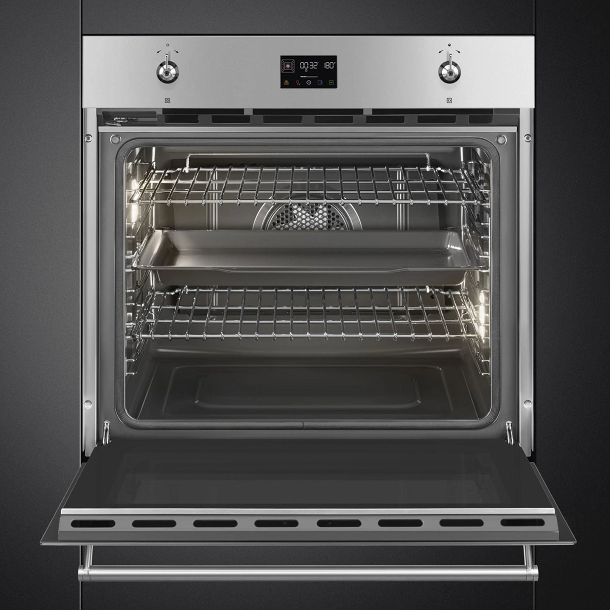 Smeg 76cm Classic Pyrolytic Oven with Single Point Probe SOPA3302TPX, Front View with Shelf