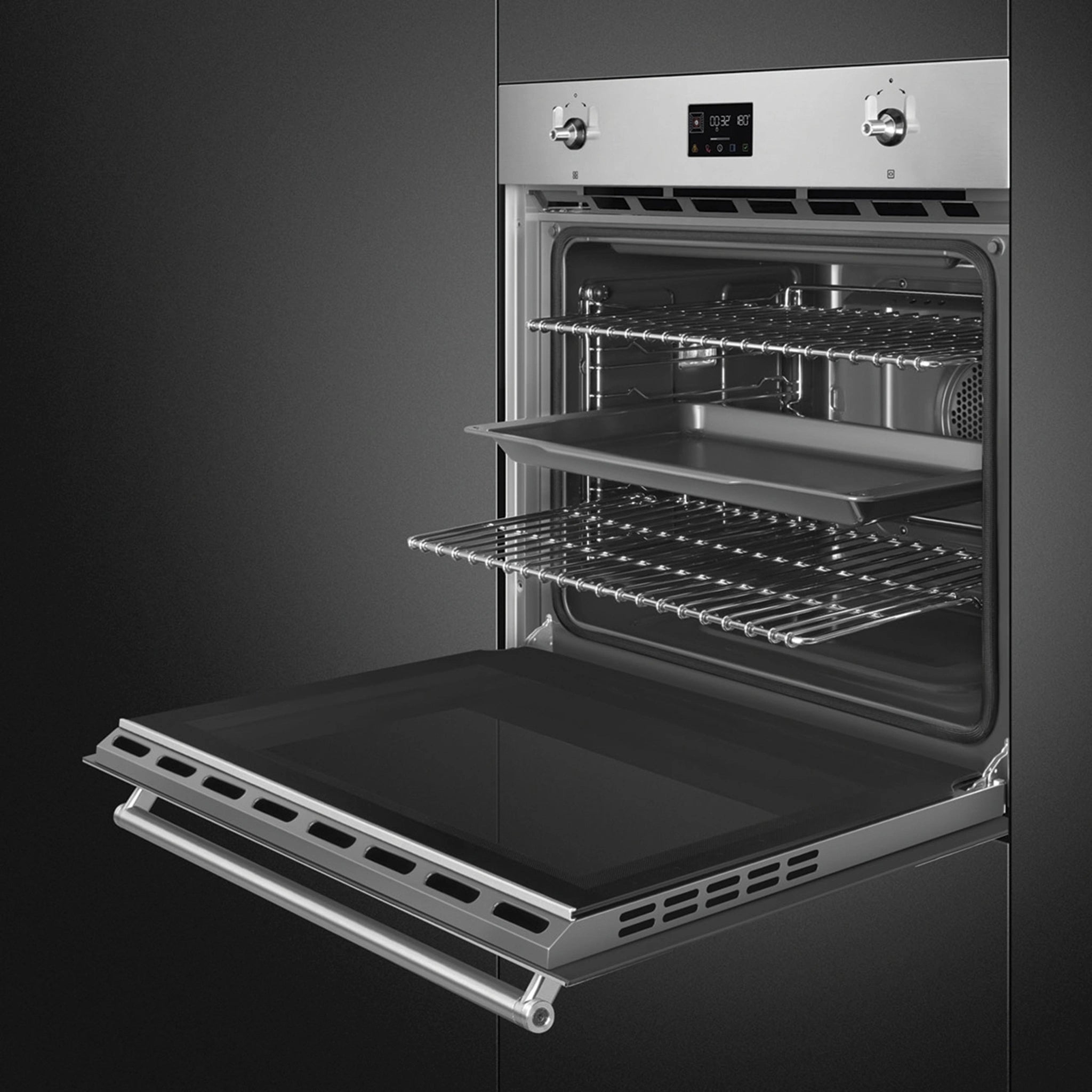 Smeg 76cm Classic Pyrolytic Oven with Single Point Probe SOPA3302TPX, Left View Door Open