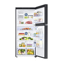 Samsung 498L Top Mount Refrigerator SR520BLSTC, Front view with open doors, full of food items, and bottles 