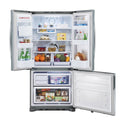 Samsung 533L French Door Fridge SRF533DLS, Front view with doors open, full of food items, and bottles