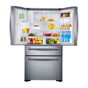 Samsung 680L French Door Fridge SRF679SWLS, Top open, full of food items, and bottles