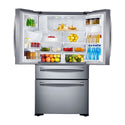 Samsung 680L French Door Fridge SRF680CDLS, Top open, full of food items, and bottles